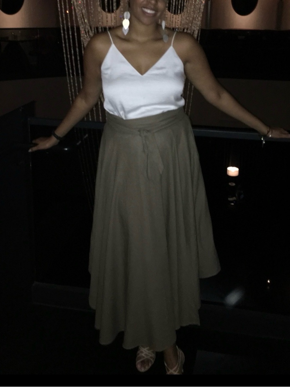High-Waist Olive Midi Skirt with Tie Detail